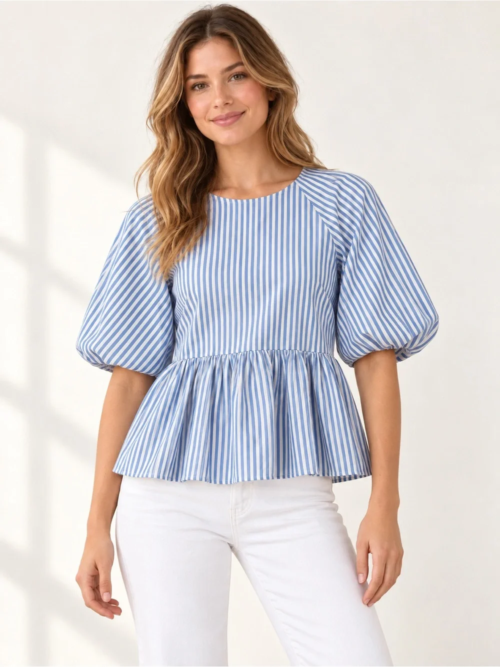 TUCKERNUCK Pomander Place Blue White Striped Preppy Cotton Peplum Blouse Small